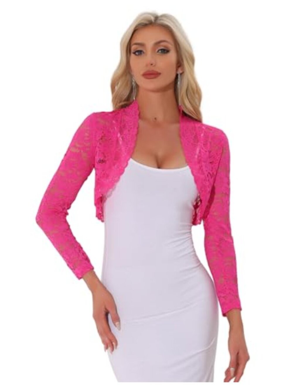 Floral Lace Sheer Crop Cardigan Long Sleeve Scalloped Open Front Shrug